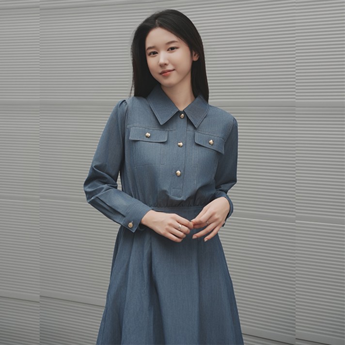 비비디아 여성용 캐주얼 포켓 허리 셔링 뒷 밴딩 긴팔 데님 롱원피스 캐주얼 정장 데릴리룩 청 원피스5558