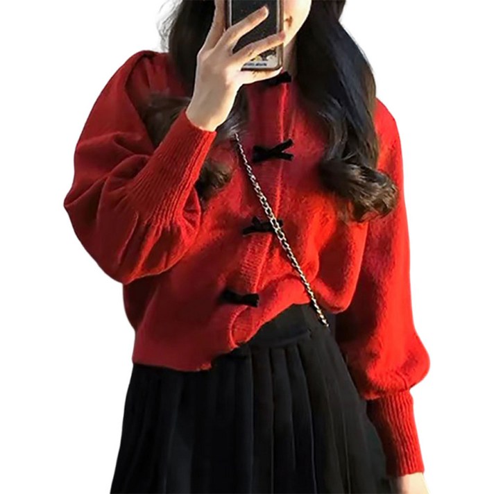 SOSISI 여성가디건 루즈핏 라운드넥 니트 가디건 리본 포인트 시보리 가디건 H45169