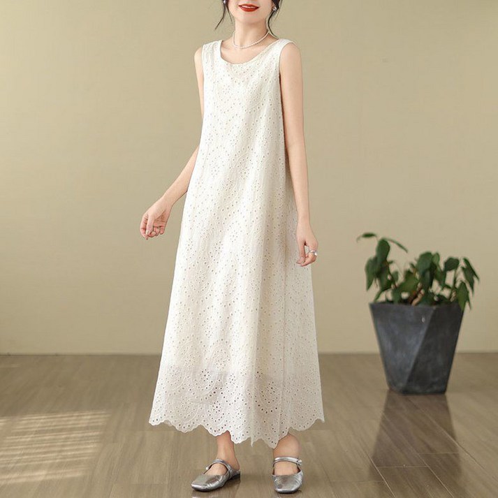 POMTOR 여름 여성 라운드 민소매 롱스커트 루즈핏 솔리드 A라인 원피스