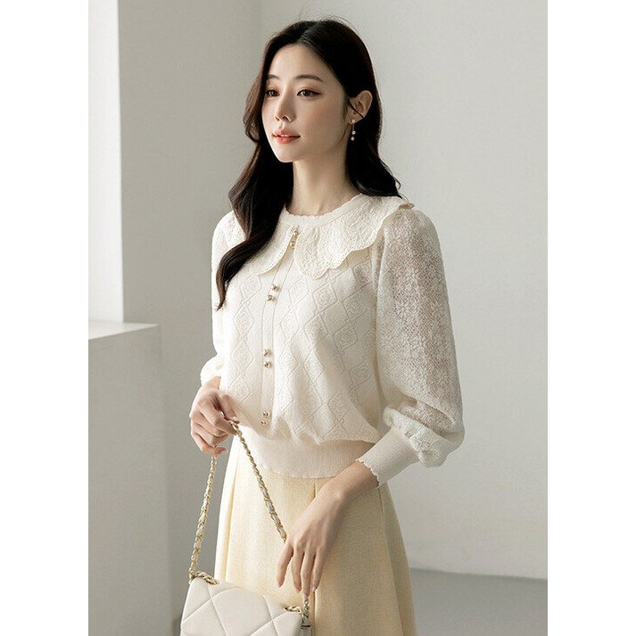 스타일온미 스타일온미  페어리 소매 배색 레이스 카라 에스닉 다이아 니트 블라우스