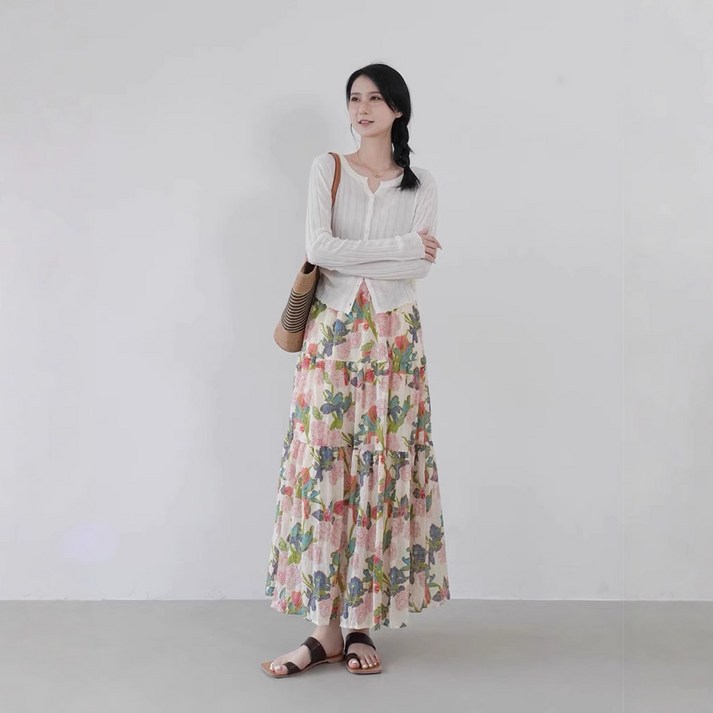 POMTOR 여성 여름 바캉스 롱 스커트 캐주얼 스판 허리 치마