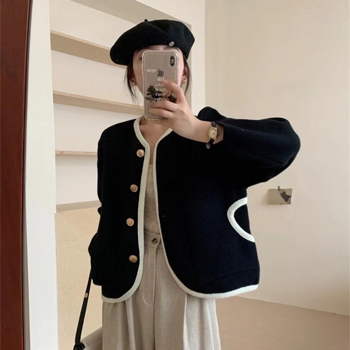 아이엠몽 여성 금장 투톤 배색 가디건 자켓