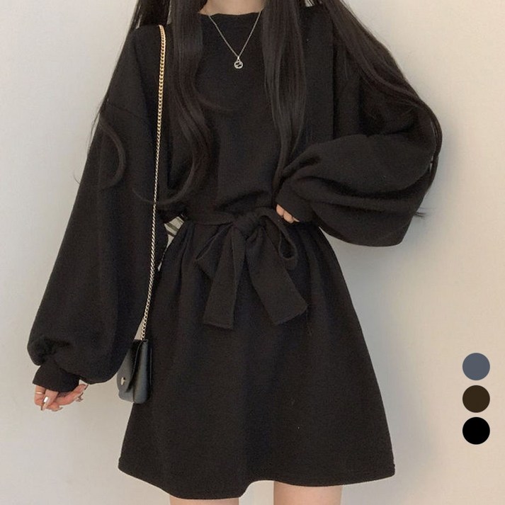 라라벨 여성용 원피스 라운드넥 베이직 심플 오버핏 스트랩 긴팔 미니 원피스