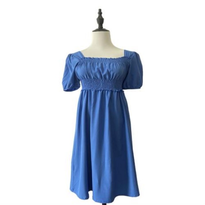 여름 쉬폰 원피스 플리츠 탄성 허리 롱 드레스, 반팔 스퀘어 넥 A 라인 단색 여성 캐주얼 비치 홀리데이