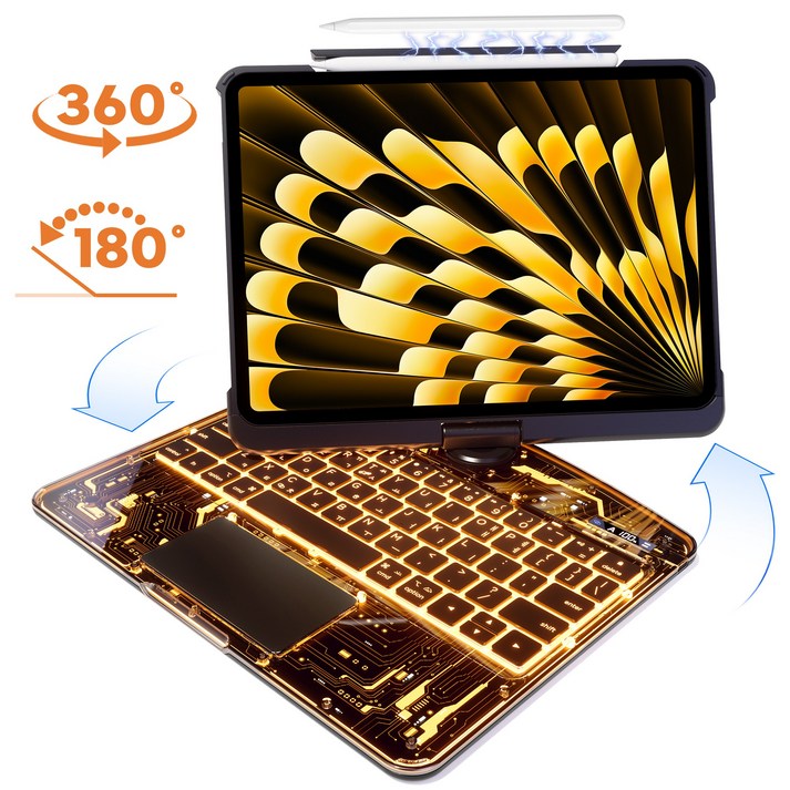 AITEWO 아이패드 호환 매직키보드 180도360도 회전 케이스 펜슬수납 한국어 프로765432세대 에어4567 10.91112.913인친 M2 M3 M4, 블랙, 1개