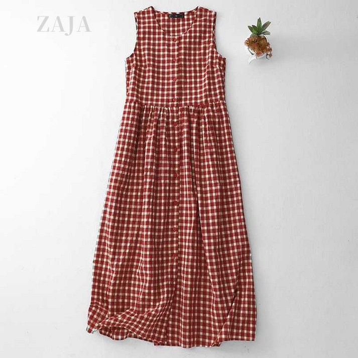 ZAJA 여성 여름 민소매 원피스 빅사이즈 루즈핏 캐주얼 체크 롱원피스