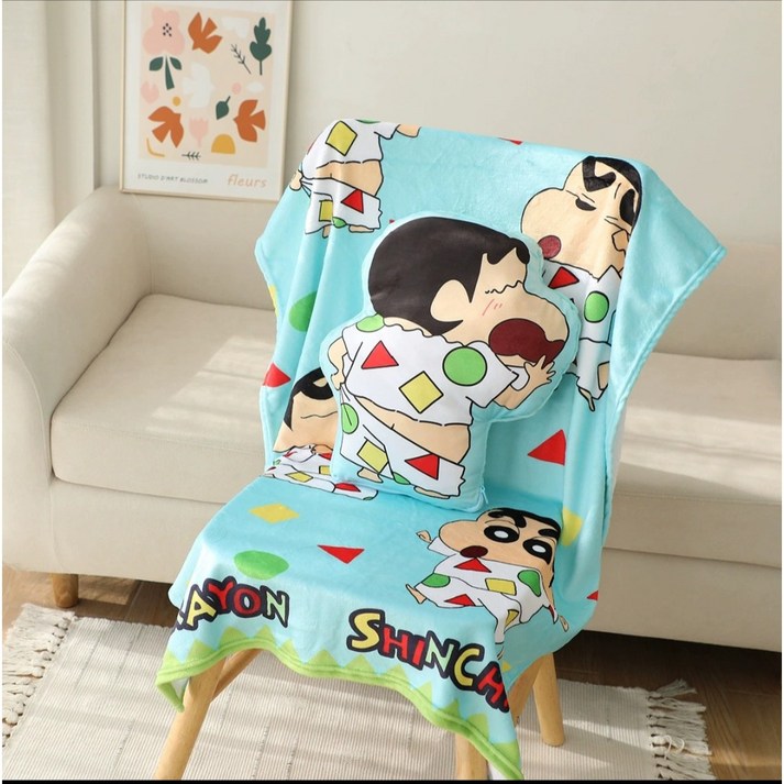 [짱구는 못말려]짱구 파자마 라인 프린트 쿠션+담요 2종 세트,하나의 가격으로 쿠션 베개 과 담요를 동시에