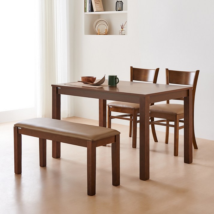 동서가구 캐빈 고무나무 원목 식탁 4인용  의자2p  벤치 세트 방문설치, 카카오
