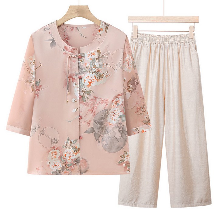 50대 60대 마마복 셔츠+바지 세트 7부소매 시원한 빅사이즈 할머니옷 중년여성옷 비보뉴