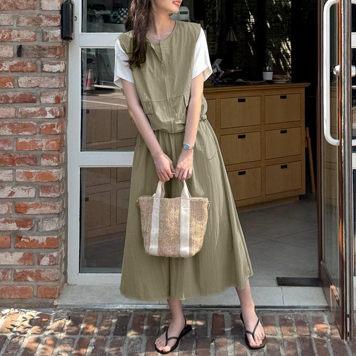 데일리앤 글로디 여성 아노락 조끼 롱 스커트 여름 코디 세트 베스트 집업 밴딩 치마 바스락 투피스