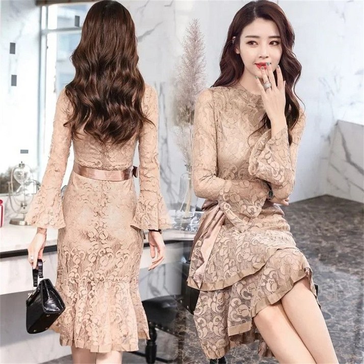 besteffie 레이스원피스 여성용 자수 슬림 예쁜원피스 가을 단색 라운드넥 캐쥬얼 패션 E88