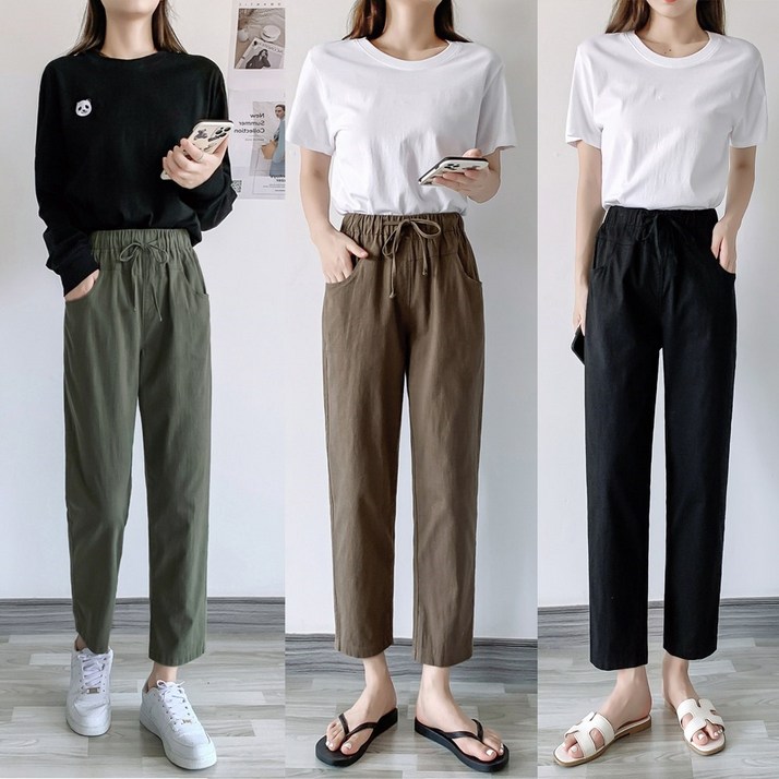 여성 아마 8부 바지 밴딩 슬랙스 팬츠