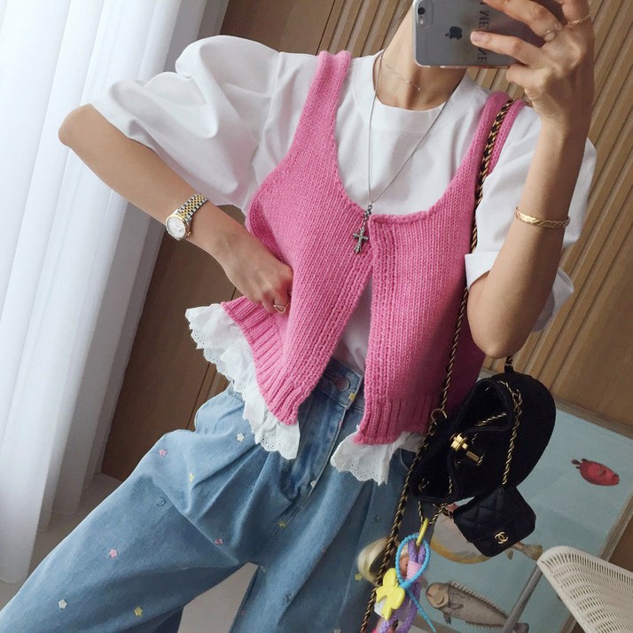요미 오픈클로징 배색 레이스 레이어드 크롭 니트조끼 뷔스티에 (4color)