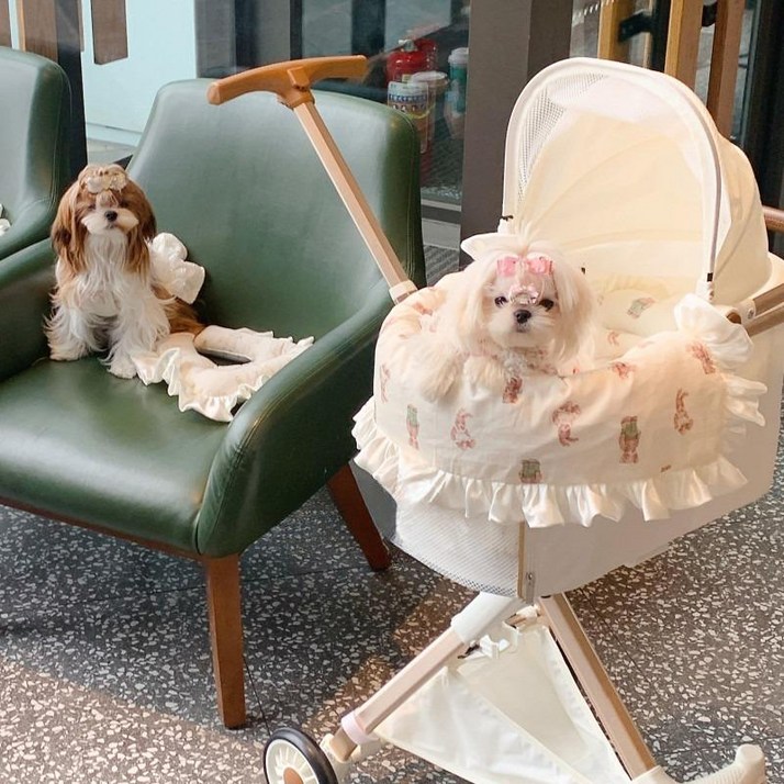 강아지 유모차 쿠션 순면 방석 베개 레이스 가드 3종 세트