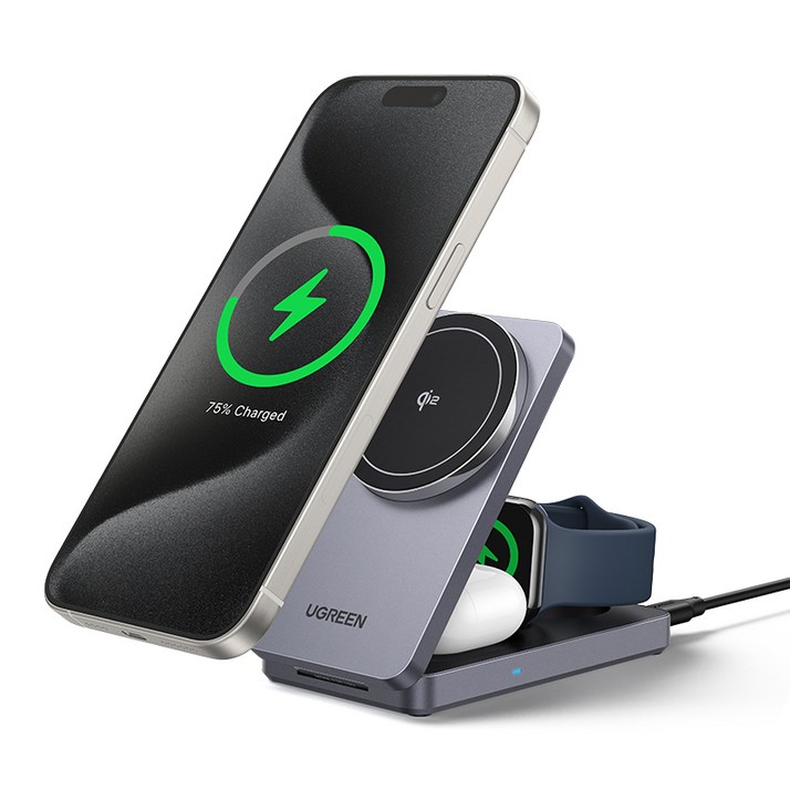 UGREEN 유그린 MagFlow Qi2 3-in-1 25W 마그네틱 무선충전 스탠드 아이폰12이상 시리즈,에어팟4 3 2 Pro,애플워치등 기기 지원된 접이식 무선충전기, 1개, Grey