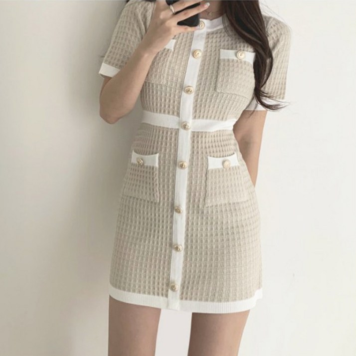 레티고 라인 배색 슬림 포켓 미니 원피스