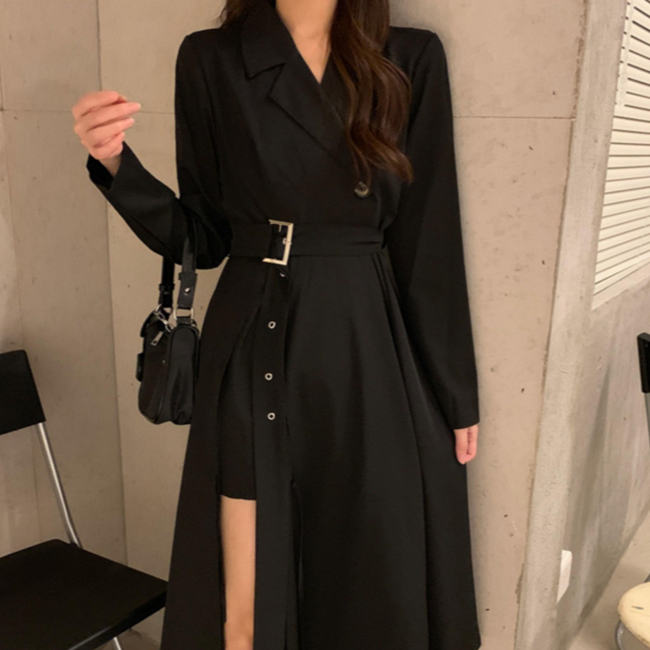 오늘출발트임 포인트 정장카라 벨트 시크 블랙 원피스