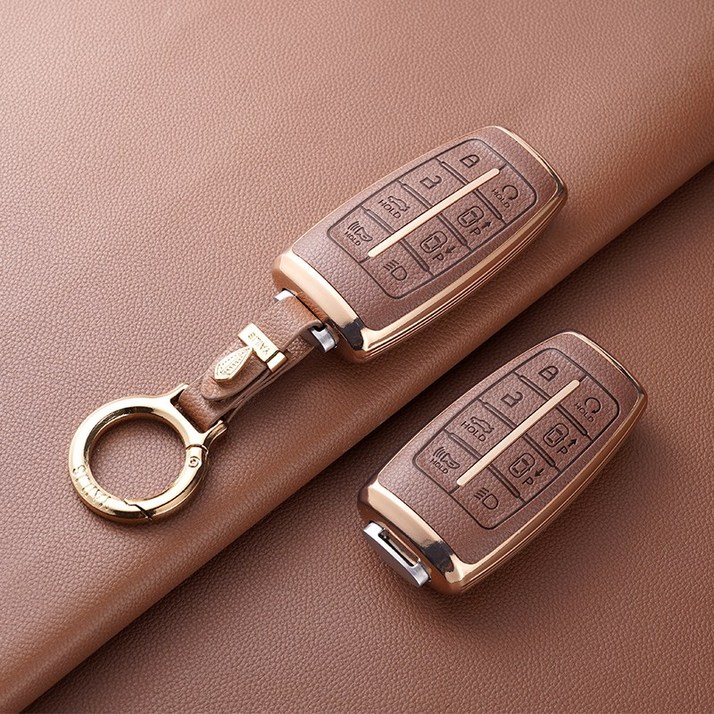 YAILIS 호환 제네시스키케이스 가죽키링 8버튼 G70 GV70 G80 스마트홀더세트 가죽 TPU키케이스, 브라운