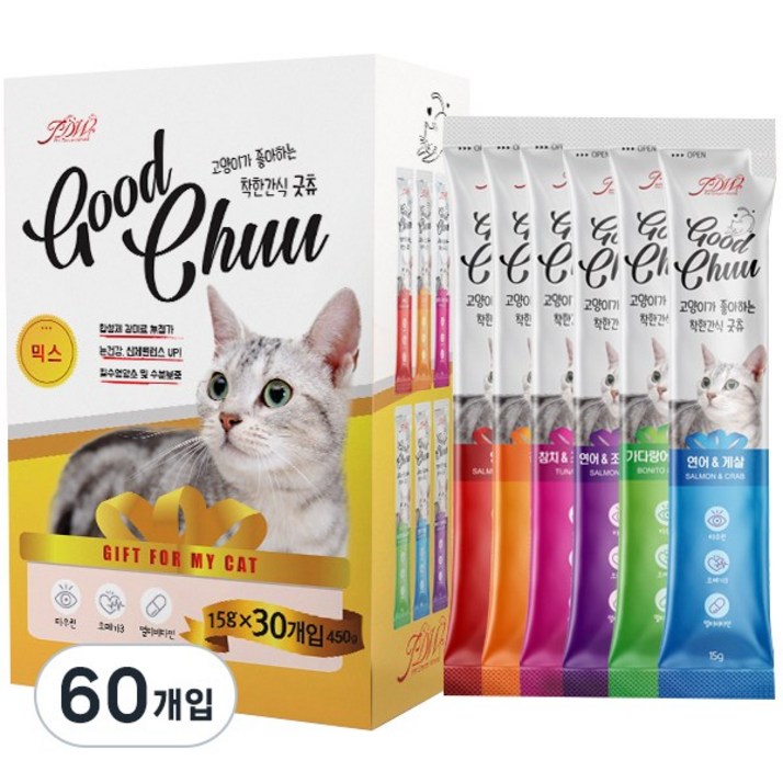 굿츄 고양이 짜먹는 고양이 간식, 60개입, 15g, 믹스 굿츄 고양이 짜먹는 고양이 간식, 60개입, 15g, 믹스