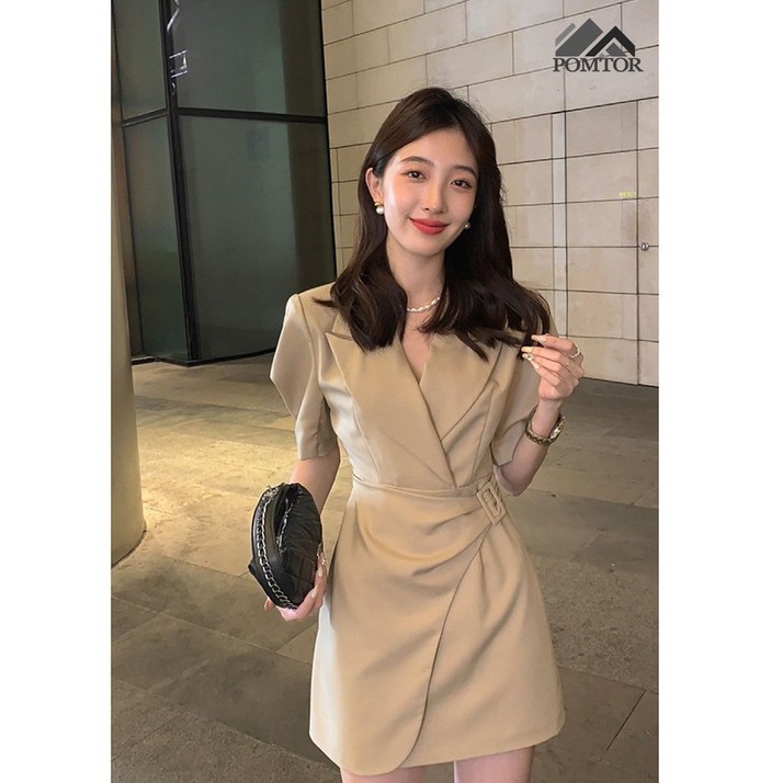 POMTOR 여성  비대칭 정장 카라 플리츠 A라인 하객 미니 원피스세트