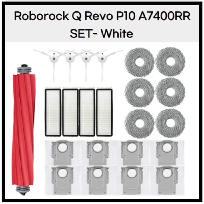 로보락 Q Revo P10 A7400RR 호환 소모품 먼지통 먼지봉투 사이드 브러시 메인 브러쉬 필터 걸레 물걸레 세트, 1개, QrevoP10SETWhite