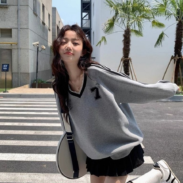 COSYEVNO 여성 브이넥 맨투맨 봄가을 루즈핏 스포티 캐주얼 BCXwy1