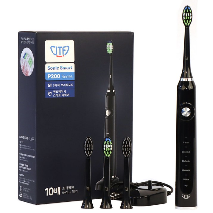 JTF P200 음파 전동 칫솔 무선충전 IPX7 완전방수 5가지 사용자모드, P200 콤보팩