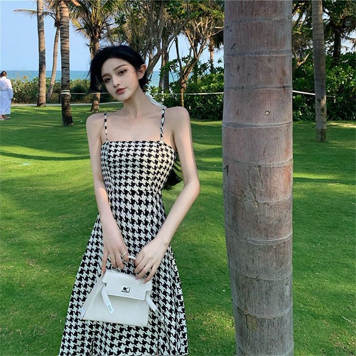 besteffie 끈나시원피스 여성 여름 스퀘어넥 천조격 무늬 오프숄더 나시원피스 옆트임 롱원피스 빅사이즈 뷔스티에원피스 C15