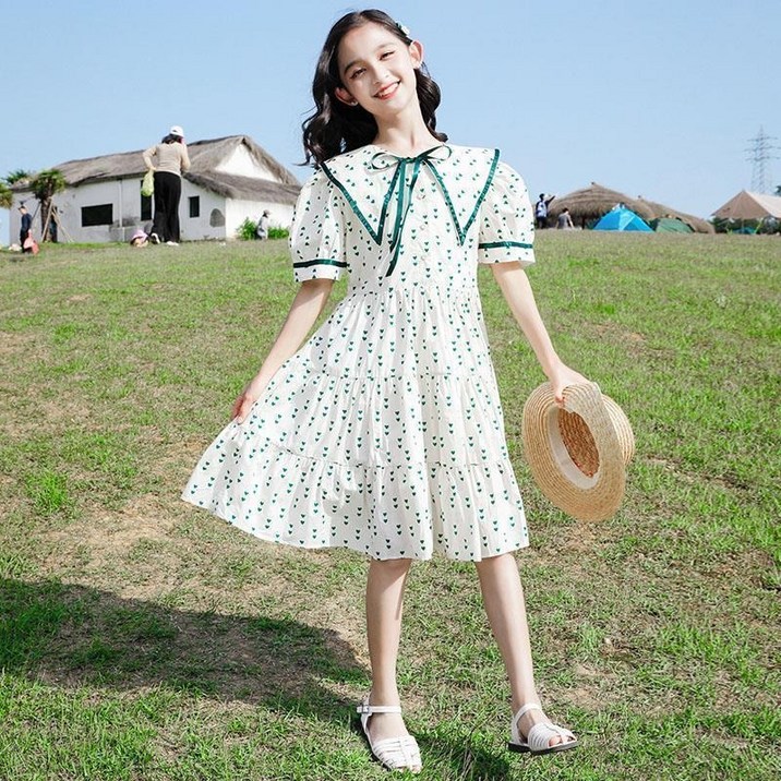 메이징키즈 주니어 여아 여름 땡땡이 하트 패턴 리본 비치 휴양지 원피스