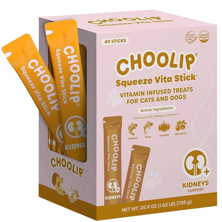 Choolip Grab & Go 스퀴즈 비타 스틱 개와 고양이를 위한 핥을 수 있는 간식. 필수 종합 비타민이 함유된 49가지 버라이어티 서포트 스틱. 모든 생활 단계에 부드럽고