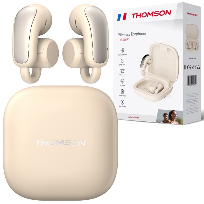 프랑스 톰슨 블루투스 6.0 ENC 노이즈 캔슬링 생활 방수 오픈형 귀걸이 무선 블루투스 이어폰, 아이보리, TBE-701IV