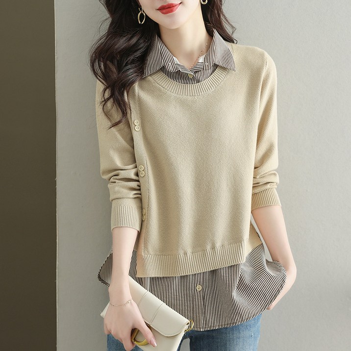 라라티나 래피 여성 캐주얼 셔츠 카라 레이어드 니트
