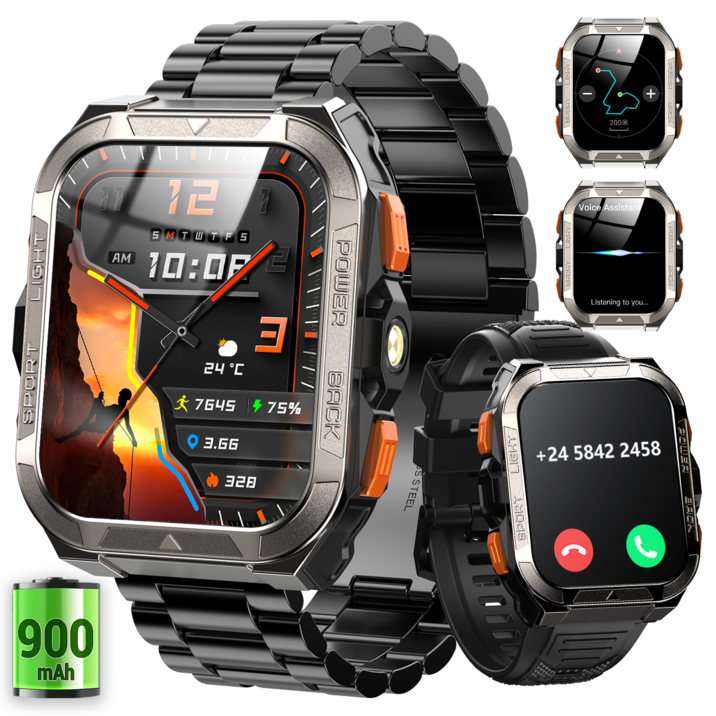 IOWODO W80 Pro 아웃도어 GPS 스마트워치 메탈 스트랩 1.91인치 대형 디스플레이 블루투스 통화 나침반 2.0 LED 손전등 IP68 방수 한국어 버전, GPS + 블루투스, 4.6cm, 검은색