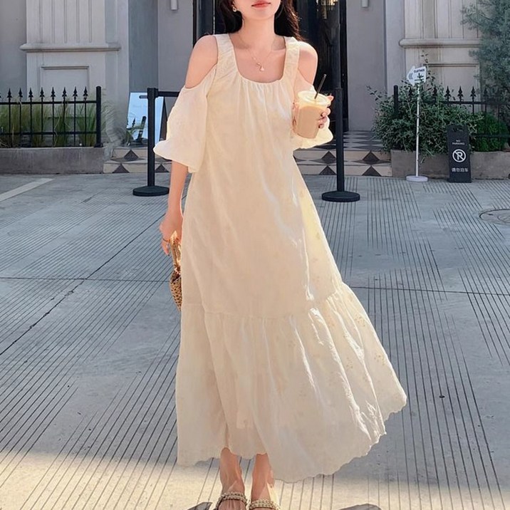 POMTOR 여름 여성 오프숄더 원피스 청순 부드러운 퍼프 롱 원피스