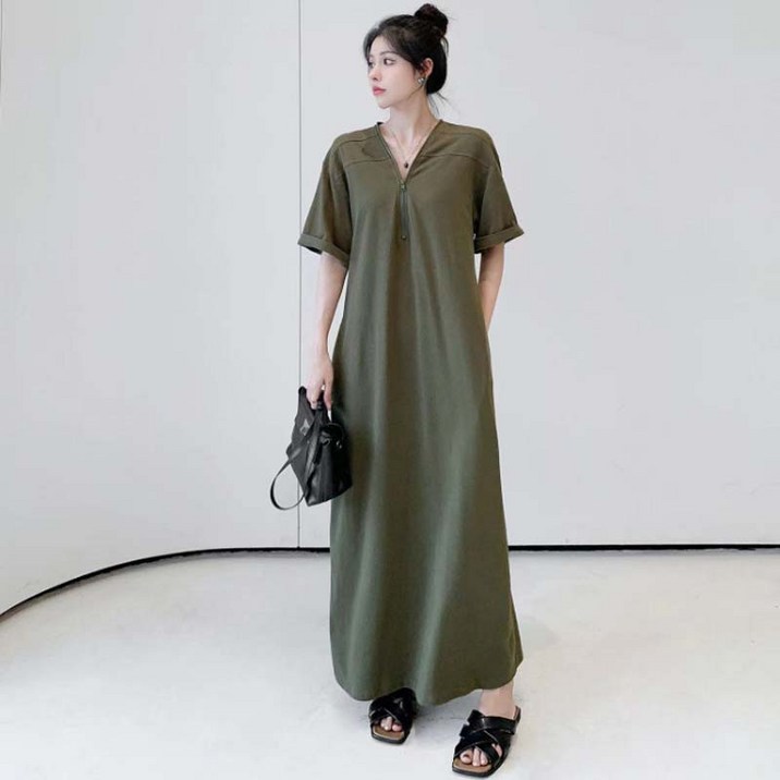 TIMEPURE 봄 여름 여성용 카고 빈티지 롱 원피스 베이직 V넥 루즈핏 캐주얼 오버사이즈 데일리록 레트로 지퍼 기본 원피스 날씬해 보이는 치마