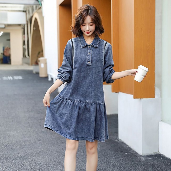 ROYALBELLE 여성 하프기장 단추 주름 긴팔 카라넥 심플 데님 원피스 Z0082616