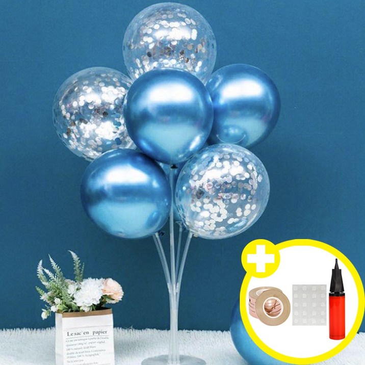[심플 파티] 메탈크롬 컨페티 혼합풍선 스탠드(70cm) 세트 인생샷 포토존 연출템 10옵션 [에브리띵스마일] 1074, 1세트, 실버 컨페티_블루 풍선