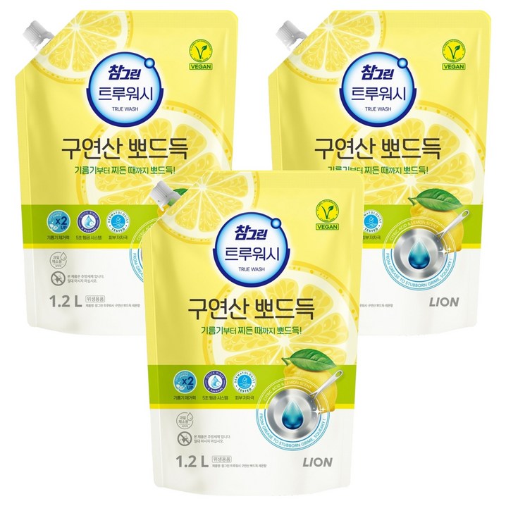비건라이프 참그린 트루워시 구연산 뽀드득 주방세제 레몬향 리필, 1.2L, 3개