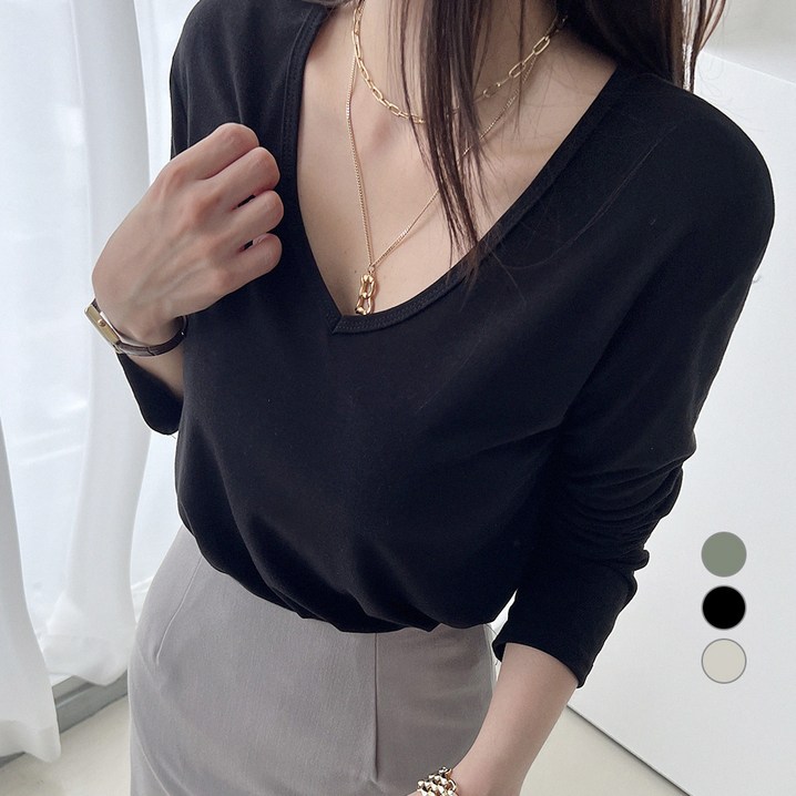 세컨그라운드 여성용 브이넥 베이직 긴팔 티셔츠 세컨그라운드 여성용 브이넥 베이직 긴팔 티셔츠