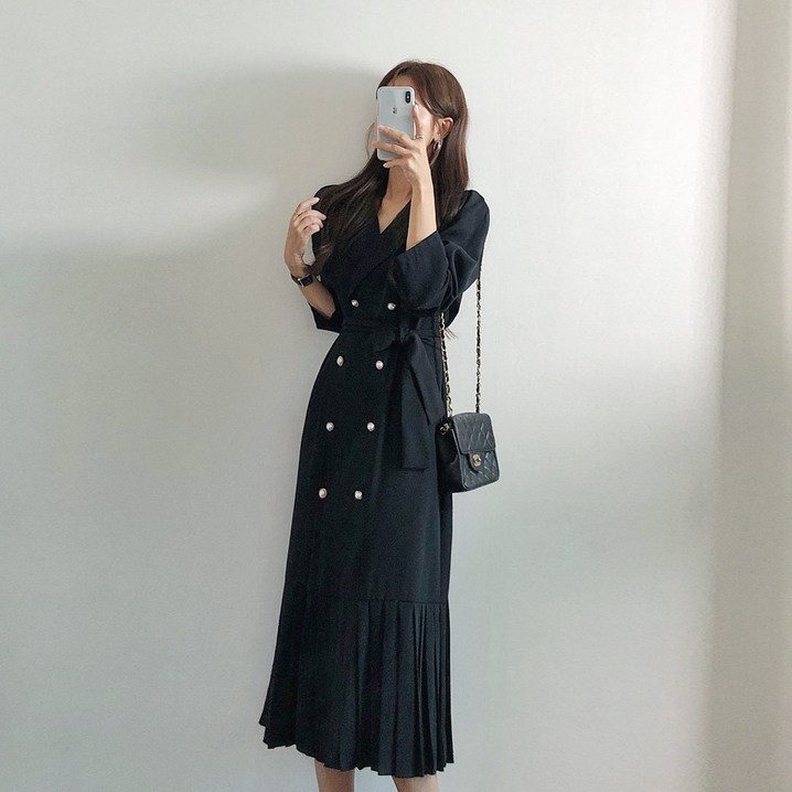 요시아나 당일발송 단아한 그랑시아 카라넥 진주 더블단추 플리츠 벨티드 롱원피스 2컬러