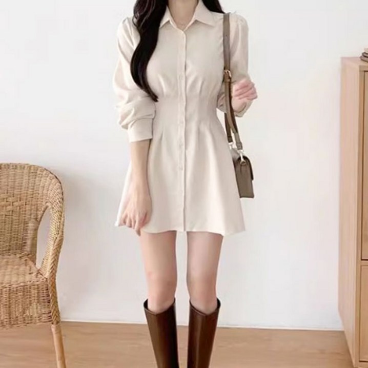 온율 긴팔 셔츠원피스 플레어 허리라인 슬림핏 미니 데일리 원피스