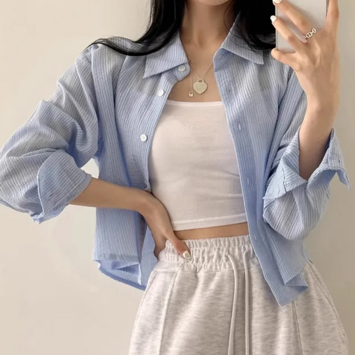 유콩샵 여름셔츠BEST 스트라이프 링클 카라 긴팔 셔츠 남방 5color