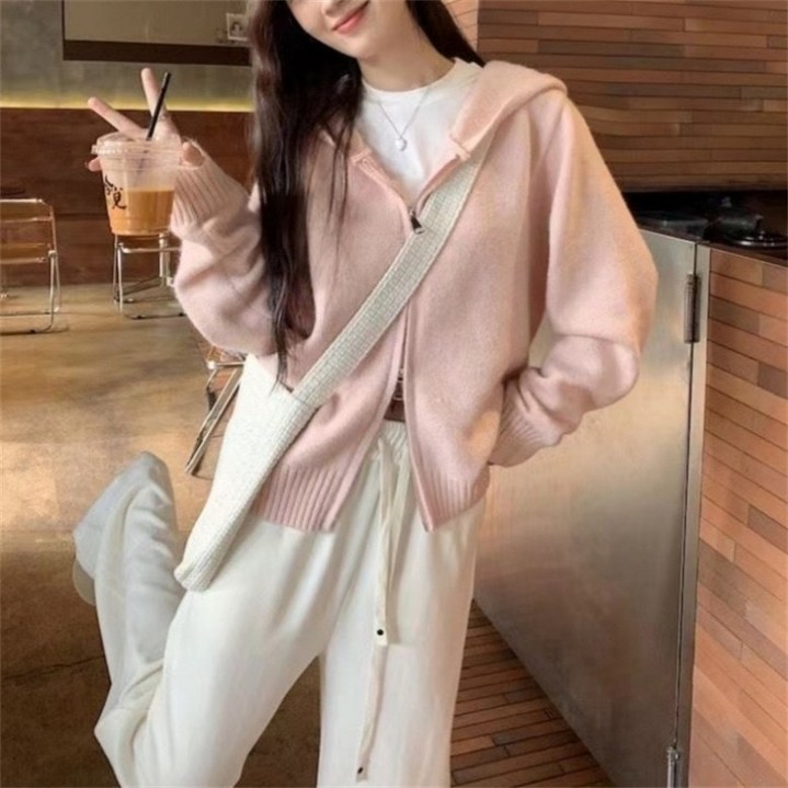 아이엠몽 여성용 오버핏 후드 집업 긴팔 니트 가디건 R5W053