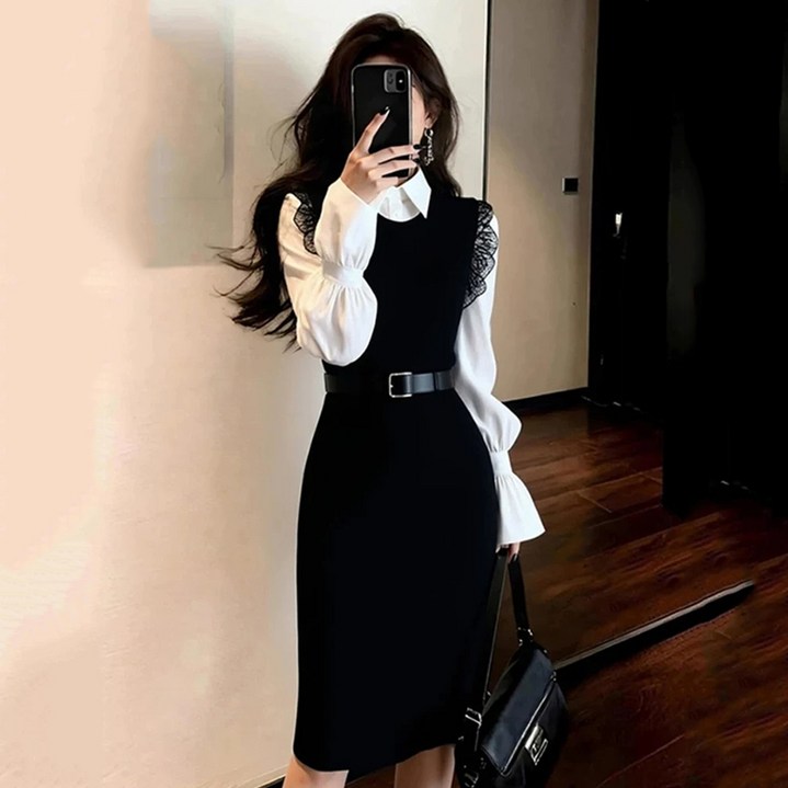 슬림소녀 여성 봄가을 셔츠 원피스 투피스 슬림 심플 통근 데일리 나팔소매 세트