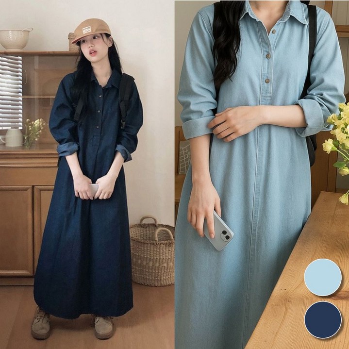 핏몬 여성 빅사이즈 카라 데님 롱 셔츠 긴팔 청 원피스