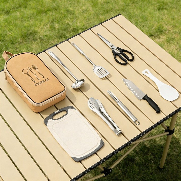 C.partner 다기능 캠핑 주방 도구 세트 (9개 구성), 1세트, 카키색 옷감