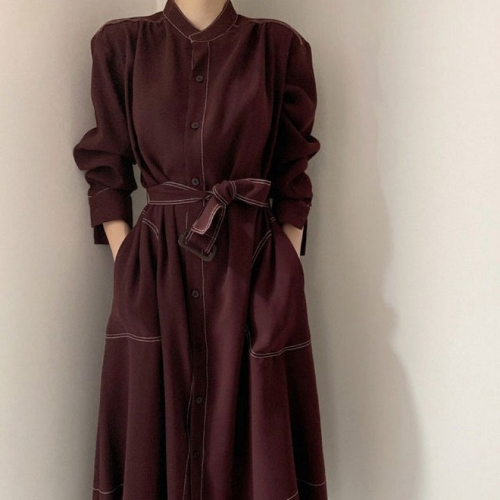 천하오 심플 원피스 싱글 롱스커트 트렌치형 원피스 TZ1048