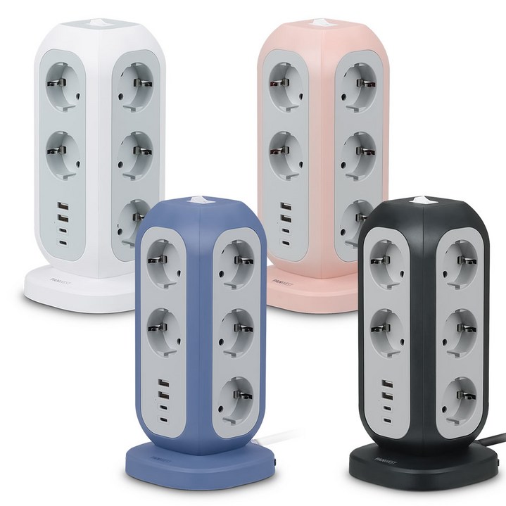 PANWEST multi-tower 1122 15구 4000W 고용량 멀티탭 타워형 컬러 USB-A 2개 USB-C 2개 선길이 2미터 KC인증제품, 2m, 베이비핑크, 1개