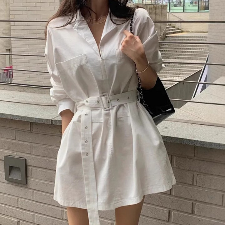 비비에모 여성용 빅포켓 셔츠형 벨티드 미니 원피스 10095