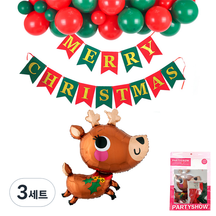 파티쇼 크리스마스 슈퍼쉐잎 파티장식풍선 가랜드 세트 어도러블레인디어 X-MAS, 혼합색상, 3세트